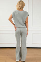 Gray Knitted V Neck Sweater and Casual Pants Set
