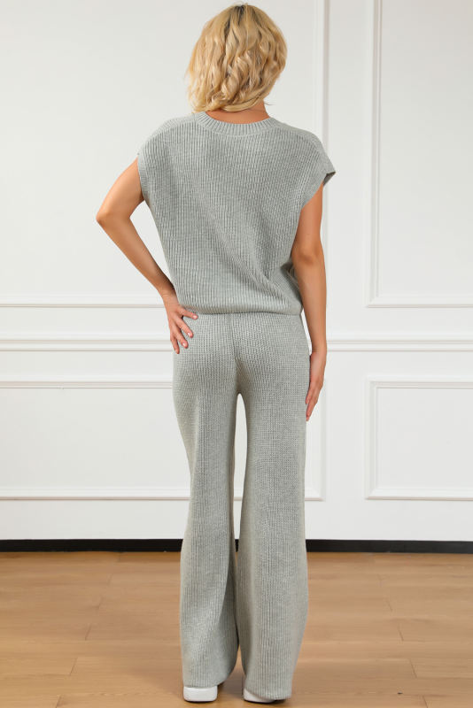 Gray Knitted V Neck Sweater and Casual Pants Set