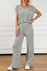 Gray Knitted V Neck Sweater and Casual Pants Set