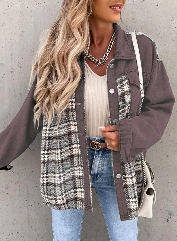Brown Spliced Plaid Button Pocket Shacket