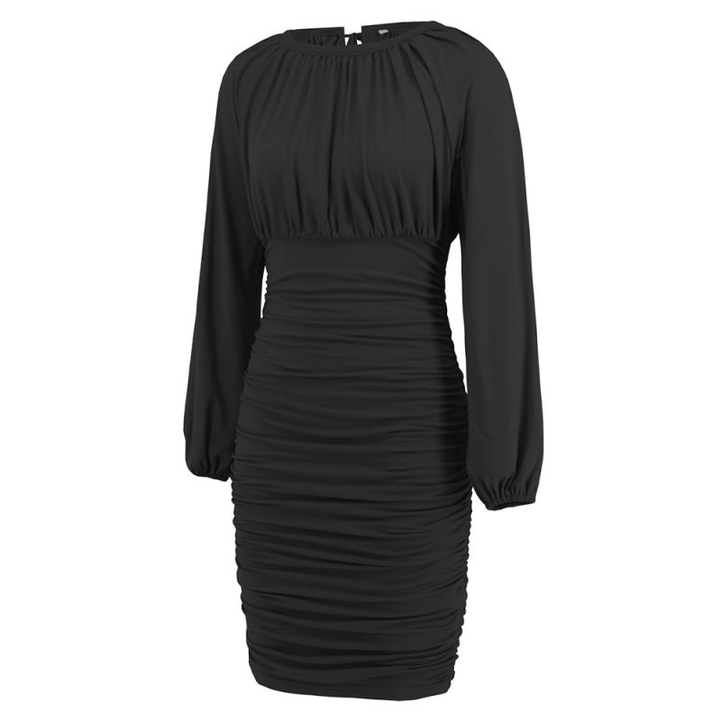 Black Back Lace-up Pleated Mini Bodycon Dress