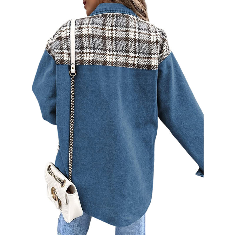 Blue Spliced Plaid Button Pocket Shacket