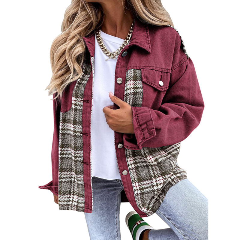 Red Spliced Plaid Button Pocket Shacket