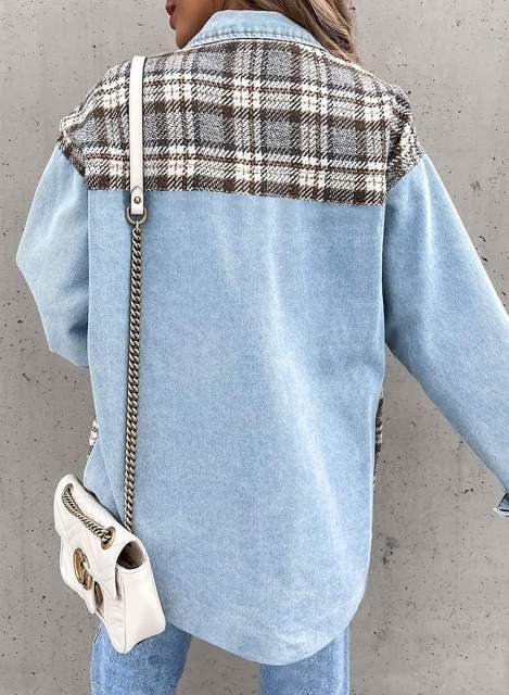 Sky Blue Spliced Plaid Button Pocket Shacket