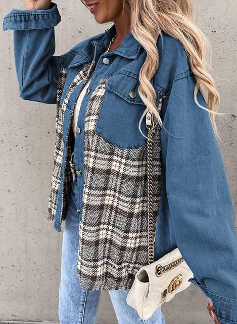 Blue Spliced Plaid Button Pocket Shacket