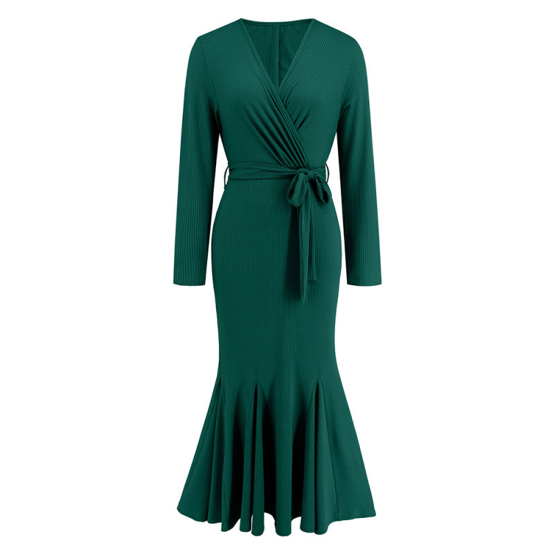 Green Ribbed V Neck Tie Waist Mermaid Evening Dress