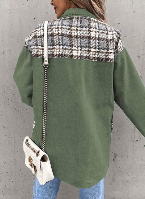 Green Spliced Plaid Button Pocket Shacket