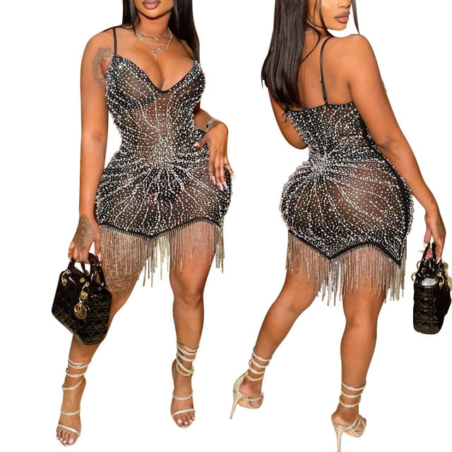 Black Spaghetti Straps Sheer Mesh Rhinestone