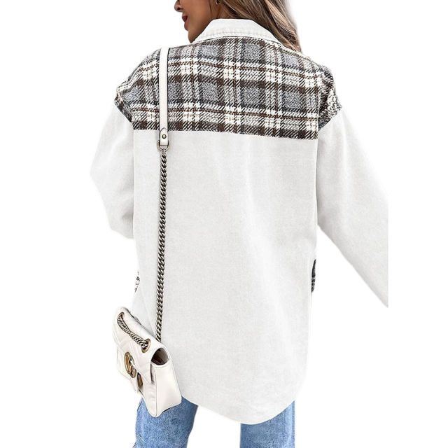 White Spliced Plaid Button Pocket Shacket