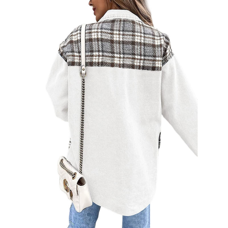 White Spliced Plaid Button Pocket Shacket