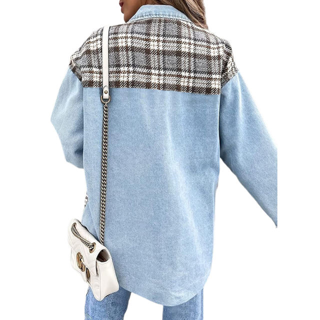Sky Blue Spliced Plaid Button Pocket Shacket