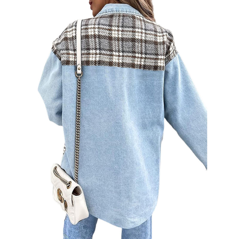 Sky Blue Spliced Plaid Button Pocket Shacket