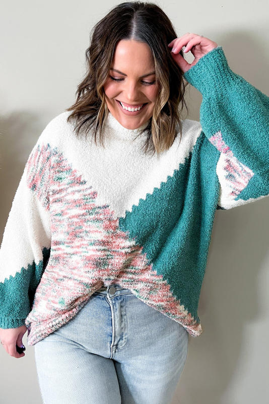 Multicolor Scalloped Color Block Plus Size Sweater