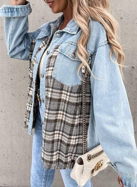 Sky Blue Spliced Plaid Button Pocket Shacket