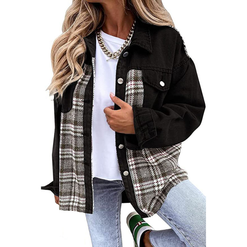 Black Spliced Plaid Button Pocket Shacket