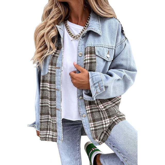 Sky Blue Spliced Plaid Button Pocket Shacket