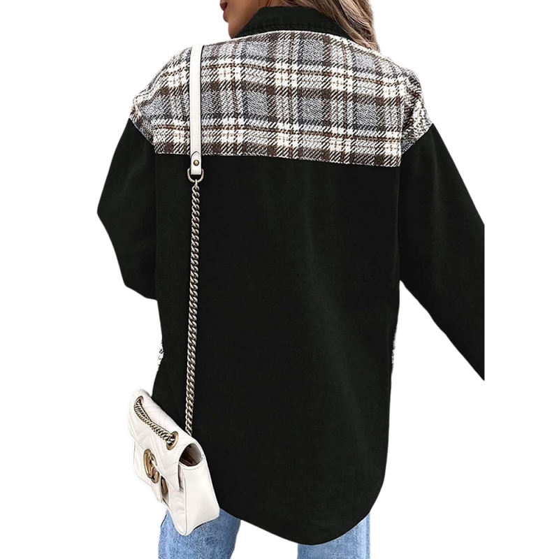 Black Spliced Plaid Button Pocket Shacket