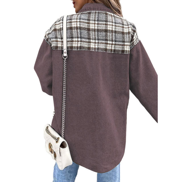 Brown Spliced Plaid Button Pocket Shacket