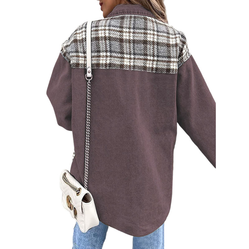 Brown Spliced Plaid Button Pocket Shacket