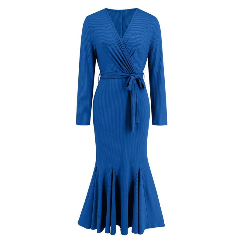 Blue Ribbed V Neck Tie Waist Mermaid Evening Dress