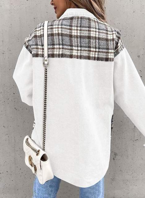 White Spliced Plaid Button Pocket Shacket
