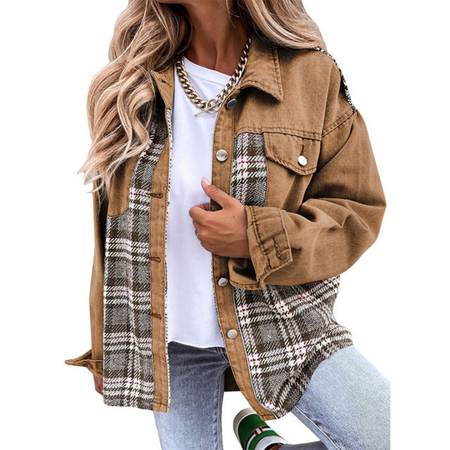 Dark Khaki Spliced Plaid Button Pocket Shacket