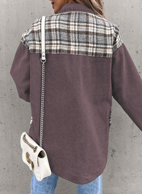 Brown Spliced Plaid Button Pocket Shacket