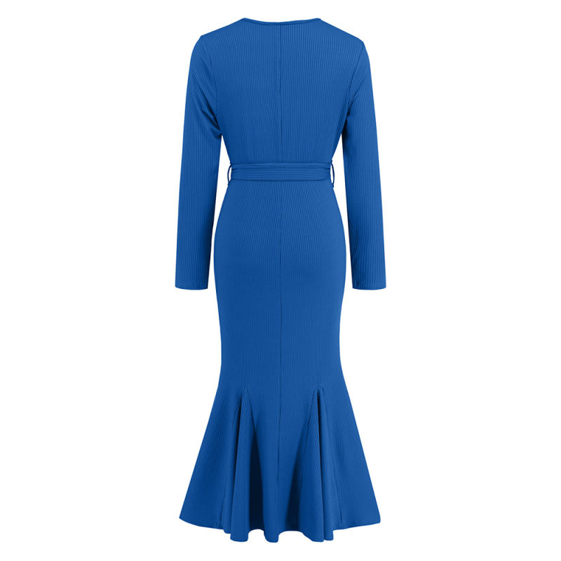 Blue Ribbed V Neck Tie Waist Mermaid Evening Dress