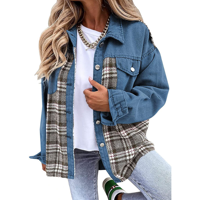Blue Spliced Plaid Button Pocket Shacket