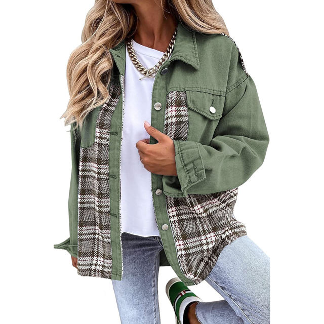 Green Spliced Plaid Button Pocket Shacket