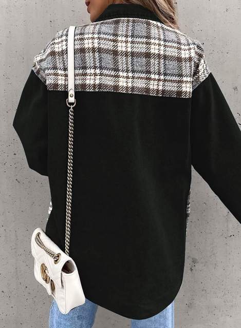 Black Spliced Plaid Button Pocket Shacket