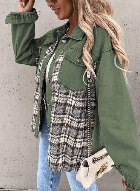 Green Spliced Plaid Button Pocket Shacket