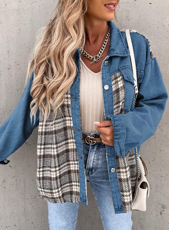 Blue Spliced Plaid Button Pocket Shacket