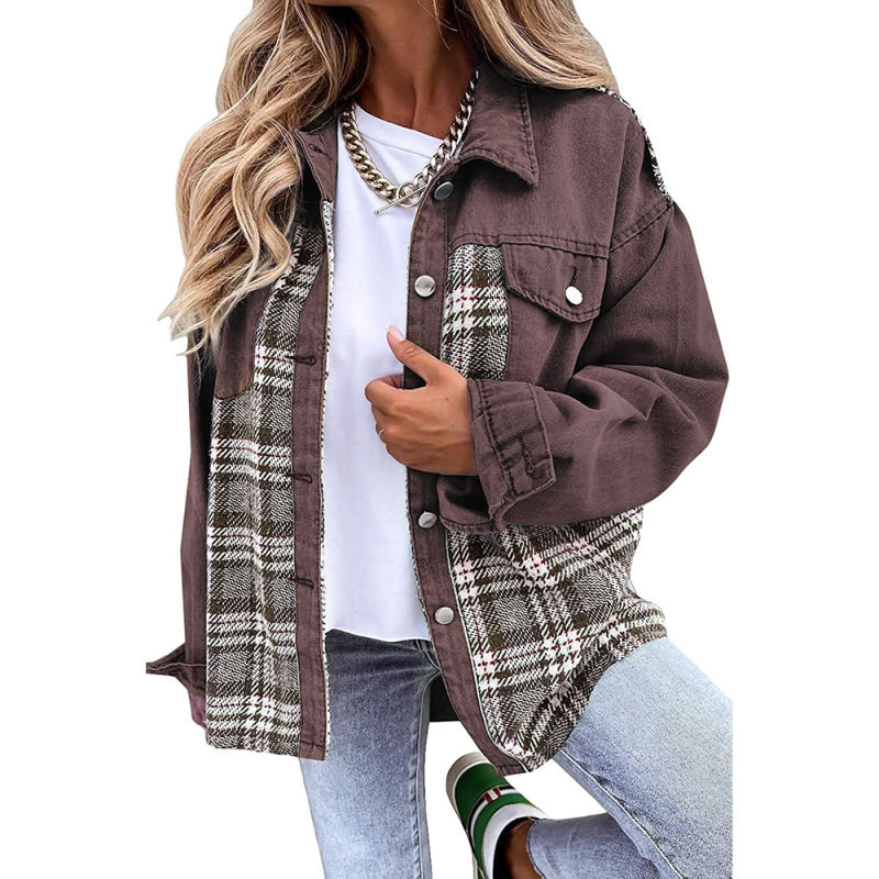 Brown Spliced Plaid Button Pocket Shacket