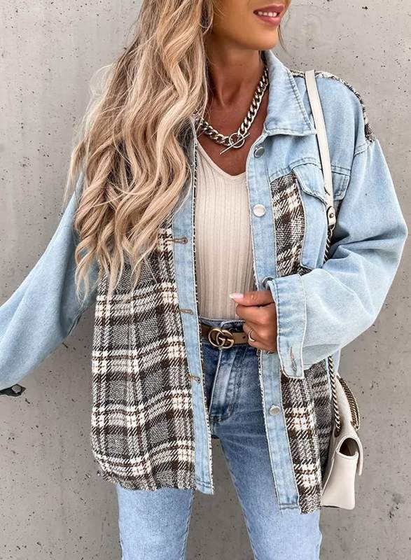 Sky Blue Spliced Plaid Button Pocket Shacket