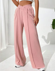 Pink Elastic Waist Wide Leg Casual Pants
