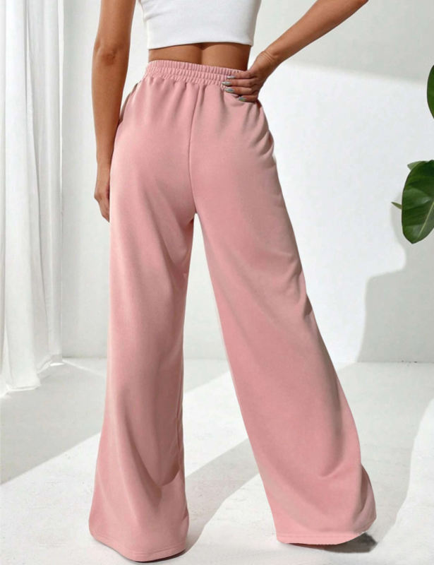 Pink Elastic Waist Wide Leg Casual Pants