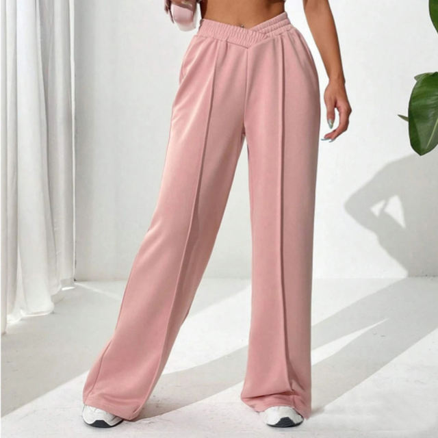 Pink Elastic Waist Wide Leg Casual Pants