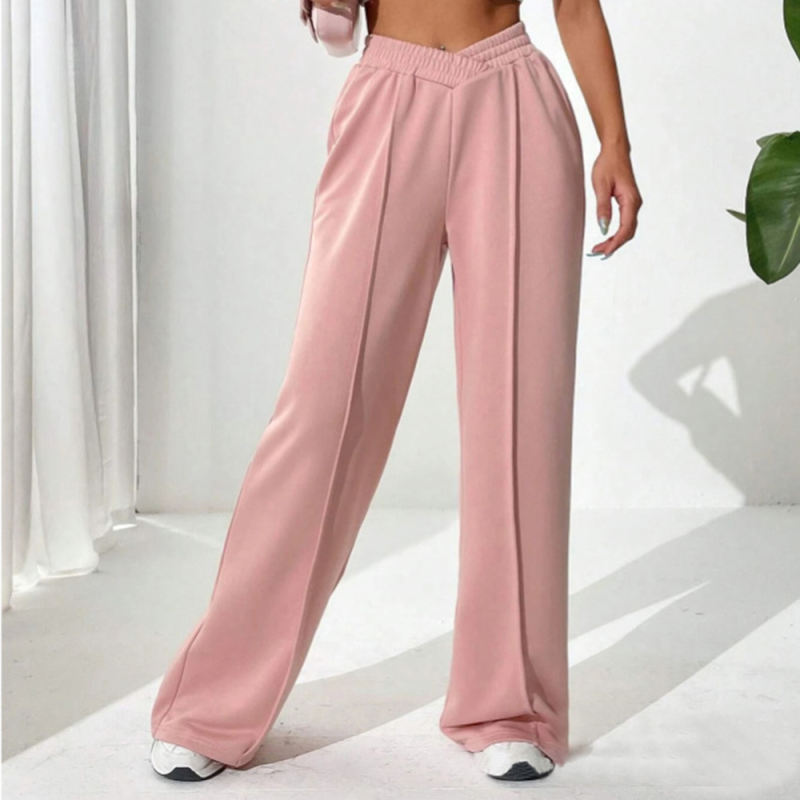 Pink Elastic Waist Wide Leg Casual Pants