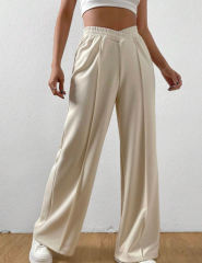 Apricot Elastic Waist Wide Leg Casual Pants