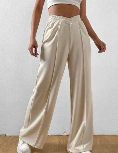 Apricot Elastic Waist Wide Leg Casual Pants