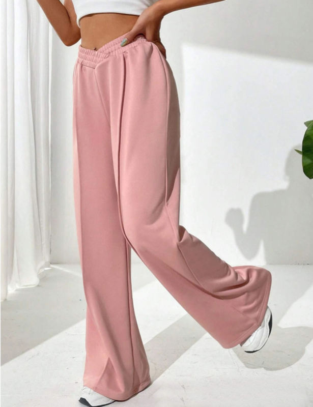 Pink Elastic Waist Wide Leg Casual Pants