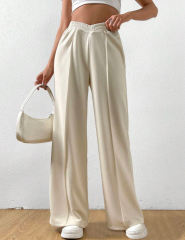 Apricot Elastic Waist Wide Leg Casual Pants
