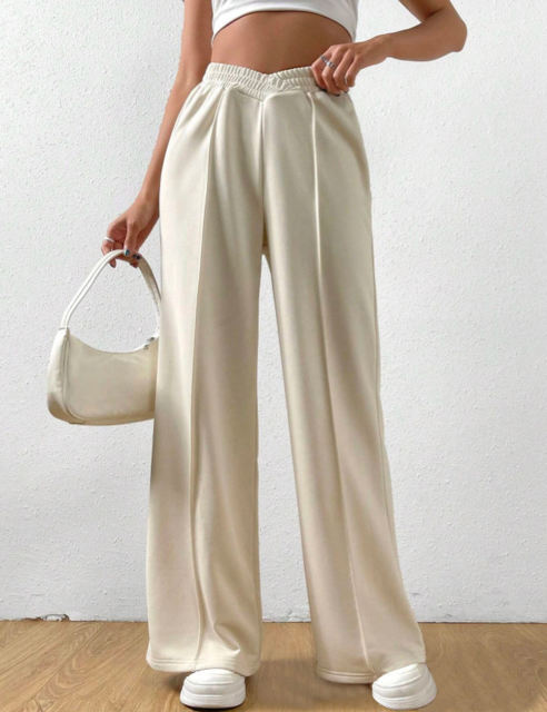 Apricot Elastic Waist Wide Leg Casual Pants