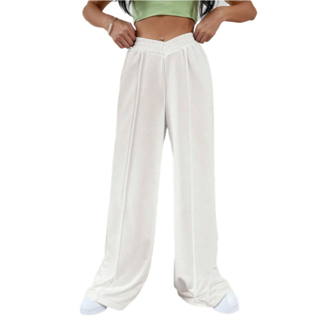 White Elastic Waist Wide Leg Casual Pants