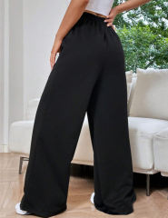 Black Elastic Waist Wide Leg Casual Pants