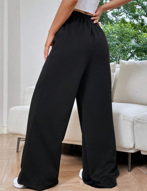 Black Elastic Waist Wide Leg Casual Pants