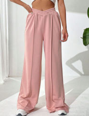 Pink Elastic Waist Wide Leg Casual Pants