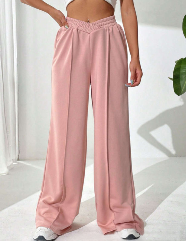 Pink Elastic Waist Wide Leg Casual Pants