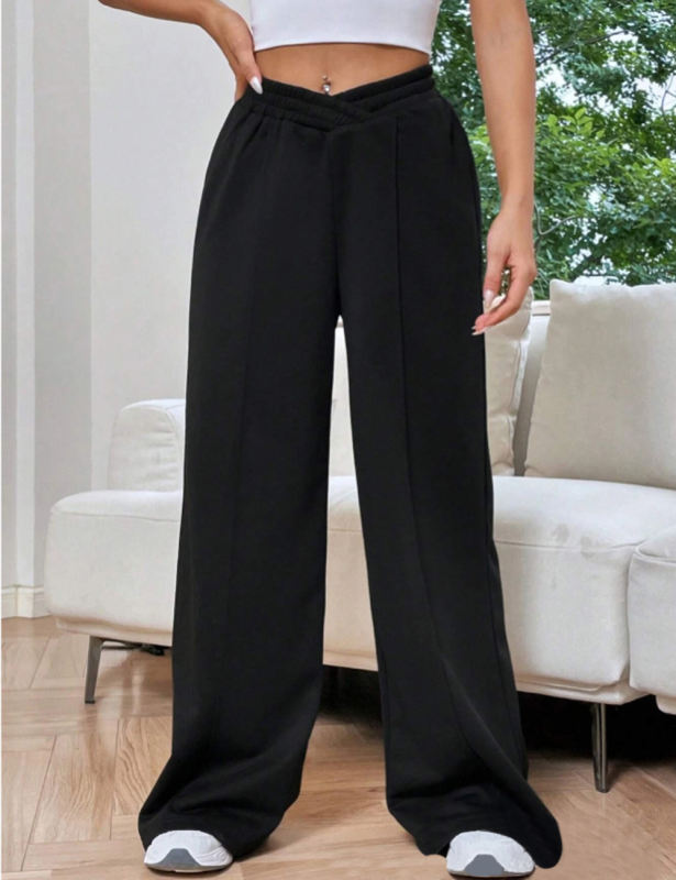 Black Elastic Waist Wide Leg Casual Pants